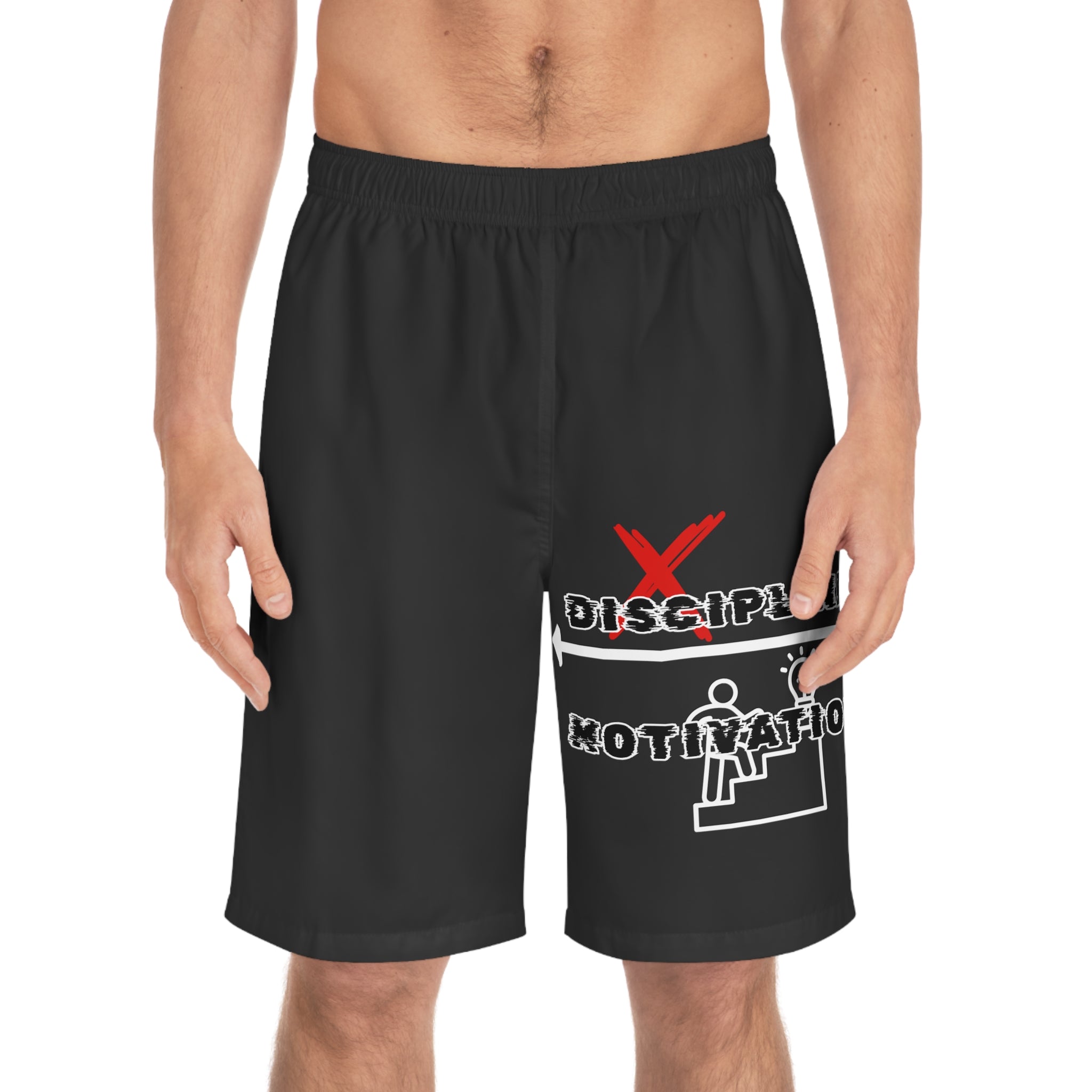 Discipline Over Motivation Men’s Board Shorts — Fitness Mindset Swim Trunks